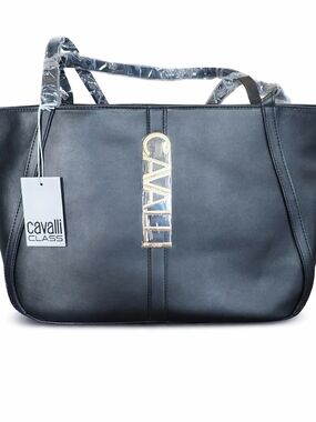 NWT Cavalli Class Big Black Sandra Shopper Tote With Gold Hardware